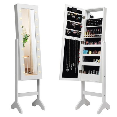 Costway Mirrored Jewelry Cabinet Organizer w/18 LED lights White