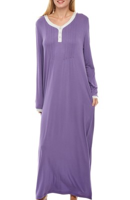 ADR Women's Nightshirt, Soft Knit Nightgown Long Sleep Shirt Full Length Henley Pajama Top with Pockets
