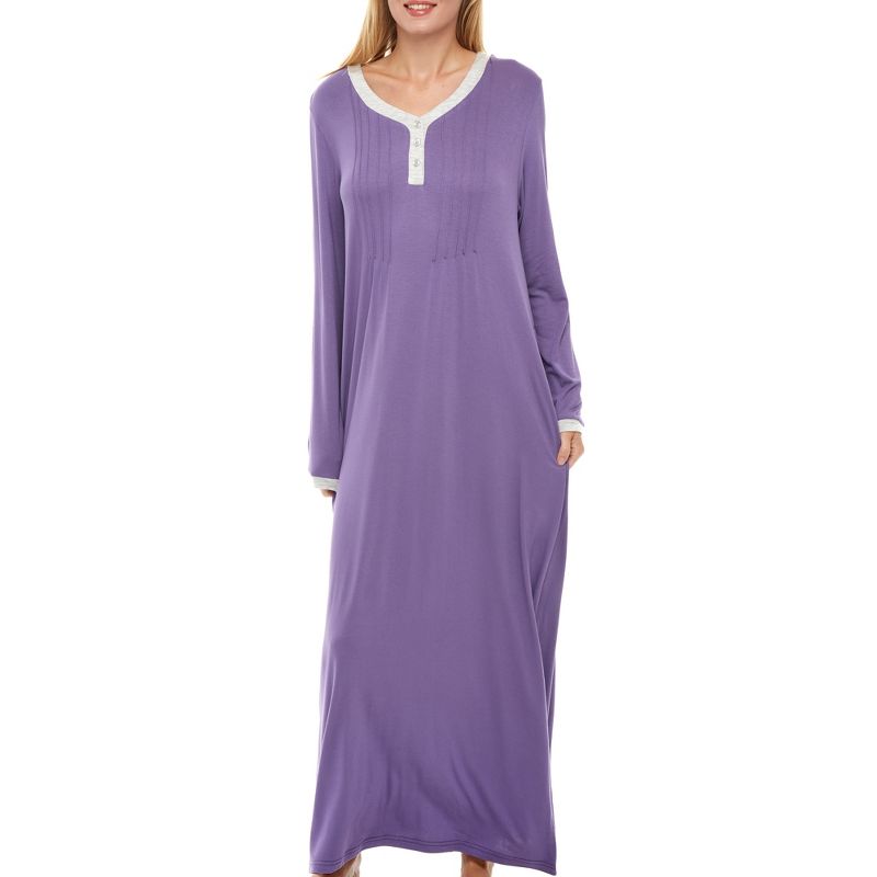 Women's Soft Knit Nightgown Long Sleep Shirt Full Length Henley Pajama Top with Pockets, 1 of 7