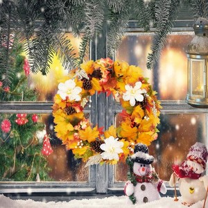 24in Fall Wreath for Front Door Decor, Autumn Thanksgiving Wreath with Pinecones, Maple Leaves, White Flowers, Berries for Party, Window, Fireplace - 1 of 4