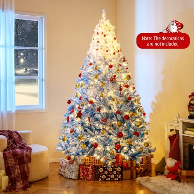 Costway 8 FT Artificial Christmas Tree with 470 Warm White LED Lights, 8 Lighting Modes & Folding Metal Stand White & Blue