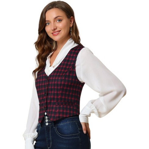 Allegra K Women's Vintage Plaid Button-Down Work Dressy Waistcoat Vests  Brown X-Large