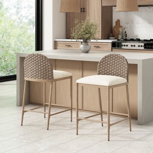 Set of 2 Dining Chair Upholstered Bar Stool Counter Stool Armless Chairs Accent Chair with Padded Seat & Iron Base, Brown&Beige - Modernluxe - 1 of 4