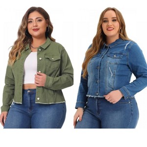 Women's Plus Size 2 Pieces Classic Denim Front Frayed Casual Long Sleeve Fashion Jean Jackets - Agnes Orinda - 1 of 4