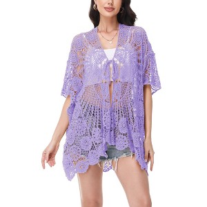Anna-Kaci Women's Open Front Crochet Cover-Up with Floral Pattern and Short Sleeves - 1 of 4