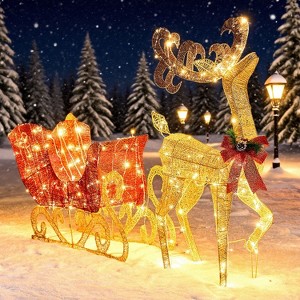 Joyfy 2 Packs Gold Reindeer and Sleigh Christmas Yard Light Decoration with 200 LEDs for Xmas Yard Garden Outdoor Decoration, Xmas Eve Night Décor - 1 of 4
