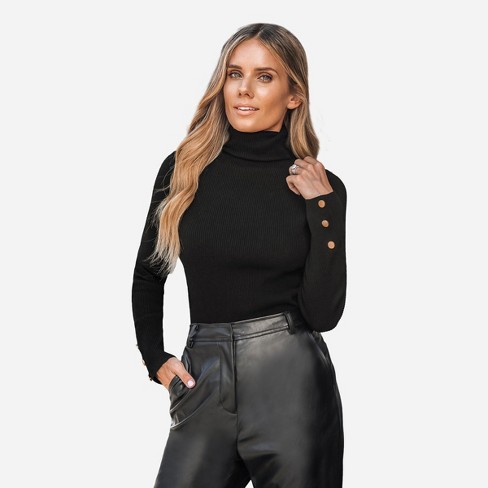 Women s Rib Turtleneck Fitted Sweater Cupshe XS Black