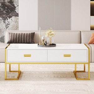 47.3" Rectangular Modern Coffee Table with 4 Drawers and Gold Metal Base, Storage Table for Living Room -3irtyhousy - 1 of 4