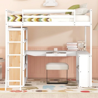 NicBex Full Bunk Bed Loft Bed with Desk Pine Bed Frame with Shelves, Oleophobic Board, Inclined Ladder and Guardrail, No Box Spring Required, White