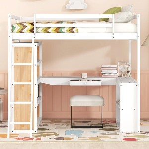 NicBex Full Bunk Bed Loft Bed with Desk Pine Bed Frame with Shelves, Oleophobic Board, Inclined Ladder and Guardrail, No Box Spring Required, White - 1 of 4