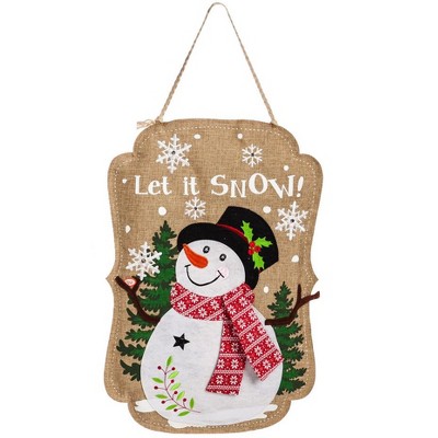 Evergreen Sparkle Snowman Lighted Burlap Door Decor