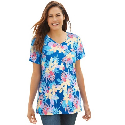 Woman Within Plus Size Perfect Printed Short-Sleeve V-Neck Tee