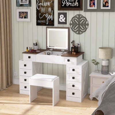 YONWAY Vanity Desk flip up Mirror and Padded Stool, with 10 Drawers, Socket, Side Storage Shelf, for Bedroom