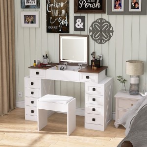 YONWAY Vanity Desk flip up Mirror and Padded Stool, with 10 Drawers, Socket, Side Storage Shelf, for Bedroom - 1 of 4