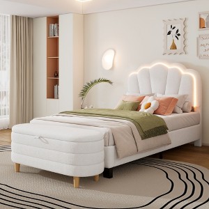 NicBex Twin Upholstered Bed Frame with Elegant Flower-Shaped Headboard,Adjustable Headboard with LED Lights,Wood Slats Support,Easy Assembly,White - 1 of 4