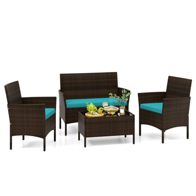 Tangkula 4 Piece Patio Rattan Conversation Set Outdoor Wicker Furniture Set w/ Chair Loveseat & Tempered Glass Table Beige/Black/Gray/Navy/Turquoise