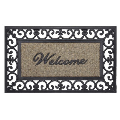 Kate Aurora 18"x30" Rectangular Fleur De Lis Outdoor Heavy Duty Rubber & Coir Skid Resistant Welcome Door Mat - Black