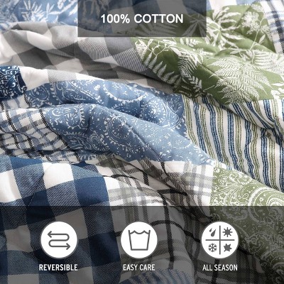 King Blue Cotton Reversible Patchwork Quilt Set