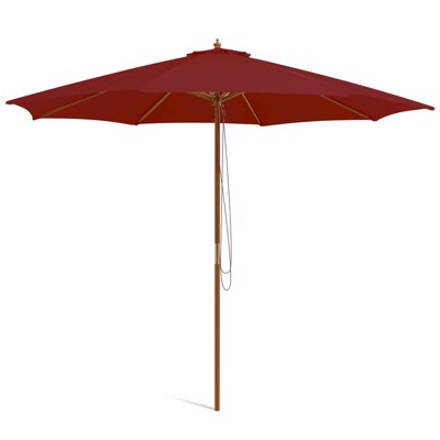 Tangkula 10FT Wooden Market Table Umbrella Pulley Sunshade Canopy w/8 Bamboo Ribs
