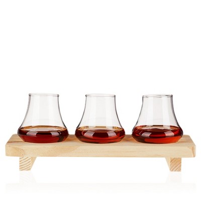 True Spirit Tasting Flight Kit, Liquor Glasses with Wooden Serving Tray for Scotch, Whiskey, Brandy, Set of 3 5 Oz Tumblers, 1 Board, Brown