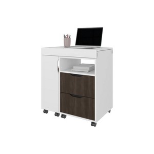 Vynxaria Timeless 2-Drawer Extendable Desk - White & Stained Walnut, Smooth Sliding Mechanism, 4 Spacious Shelves - 1 of 4
