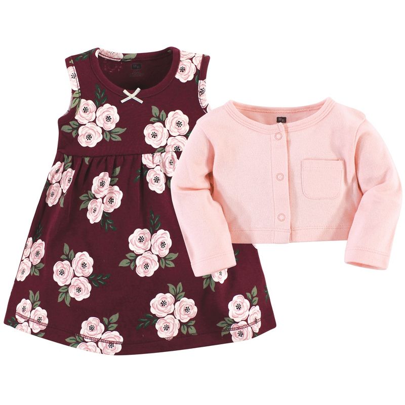 Hudson Baby Baby Girls Cotton Dress and Cardigan Set, Burgundy Floral, 3 of 6