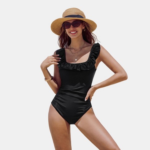 Women's Black Ruffled Shoulder Square Neck One-Piece Swimsuit- Cupshe - image 1 of 4