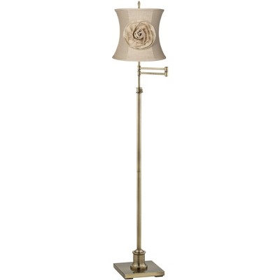 360 Lighting Traditional Swing Arm Floor Lamp Adjustable Height 70" Tall Antique Brass Almond Flower Linen Drum Shade Living Room Bedroom