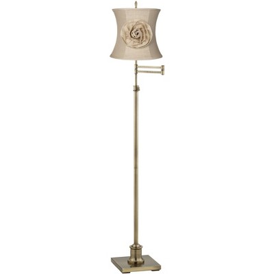 360 Lighting Traditional Swing Arm Floor Lamp Adjustable Height Antique Brass Almond Flower Linen Drum Shade Living Room Bedroom