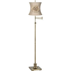 360 Lighting Traditional Swing Arm Floor Lamp Adjustable Height 70" Tall Antique Brass Almond Flower Linen Drum Shade Living Room Bedroom - 1 of 3