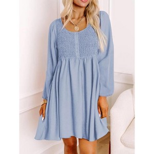 Casual Dresses Smocked Crewneck Button Up Long Sleeve Empire Waist A-Line Mini Dress - 1 of 4
