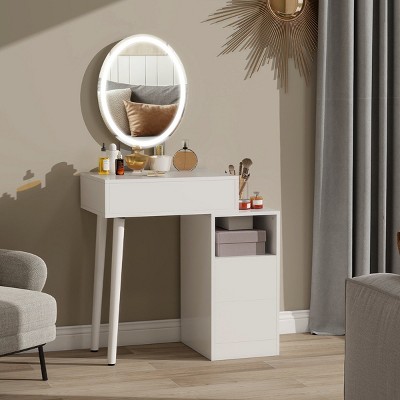 ELECWISH 31.5" White Vanity Desk with Adjustable LED Mirror & Storage Cabinet - 3-Way Lighting, Press-to-Open Drawer, No Stool Included
