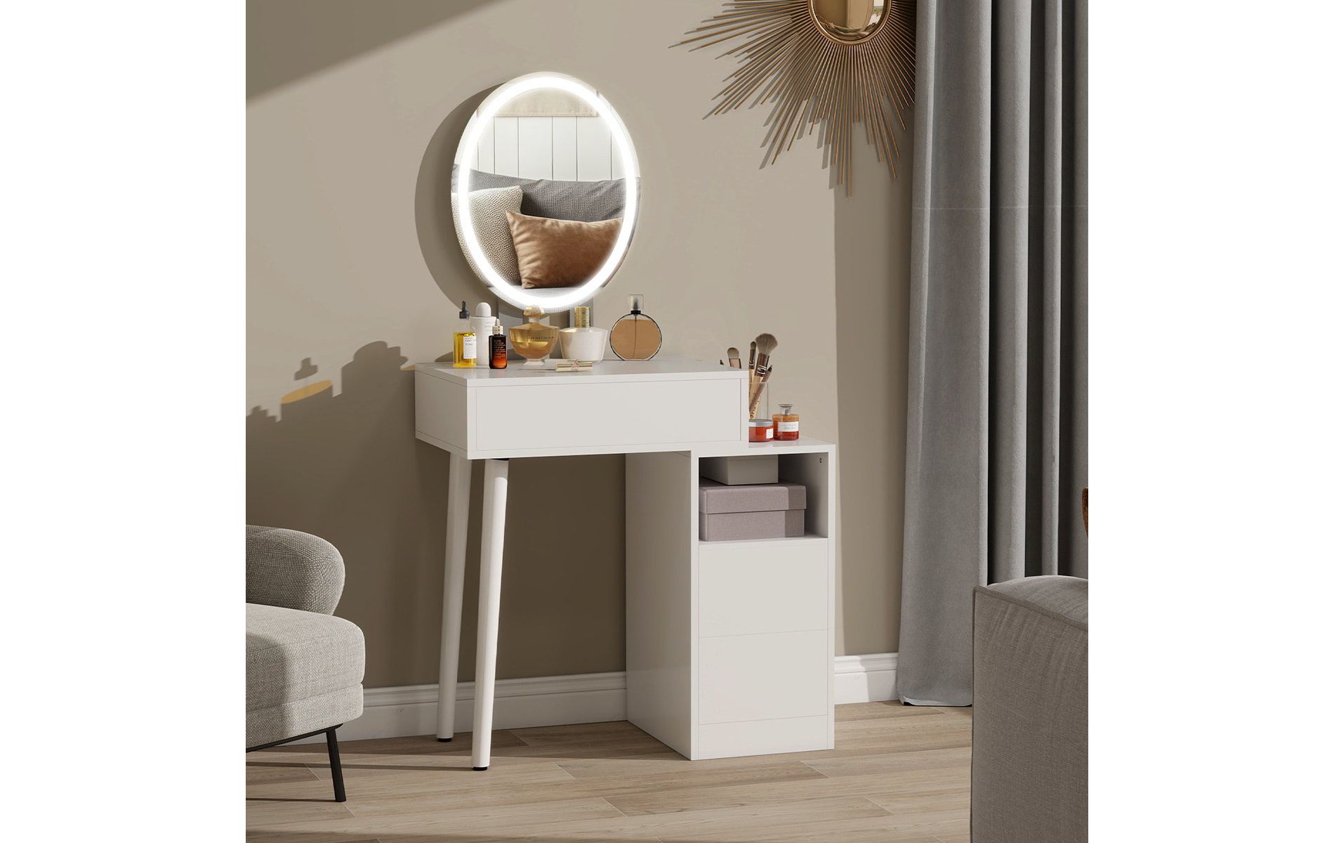 ELECWISH 31.5" White Makeup Vanity Desk with Adjustable LED Mirror & Storage Cabinet - 3-Way Lighting, Press-to-Open Drawer, No Stool Included