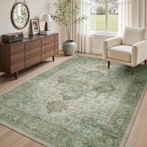 MontVoo Machine Washable Oriental Floral Area Rug Green - 1 of 4