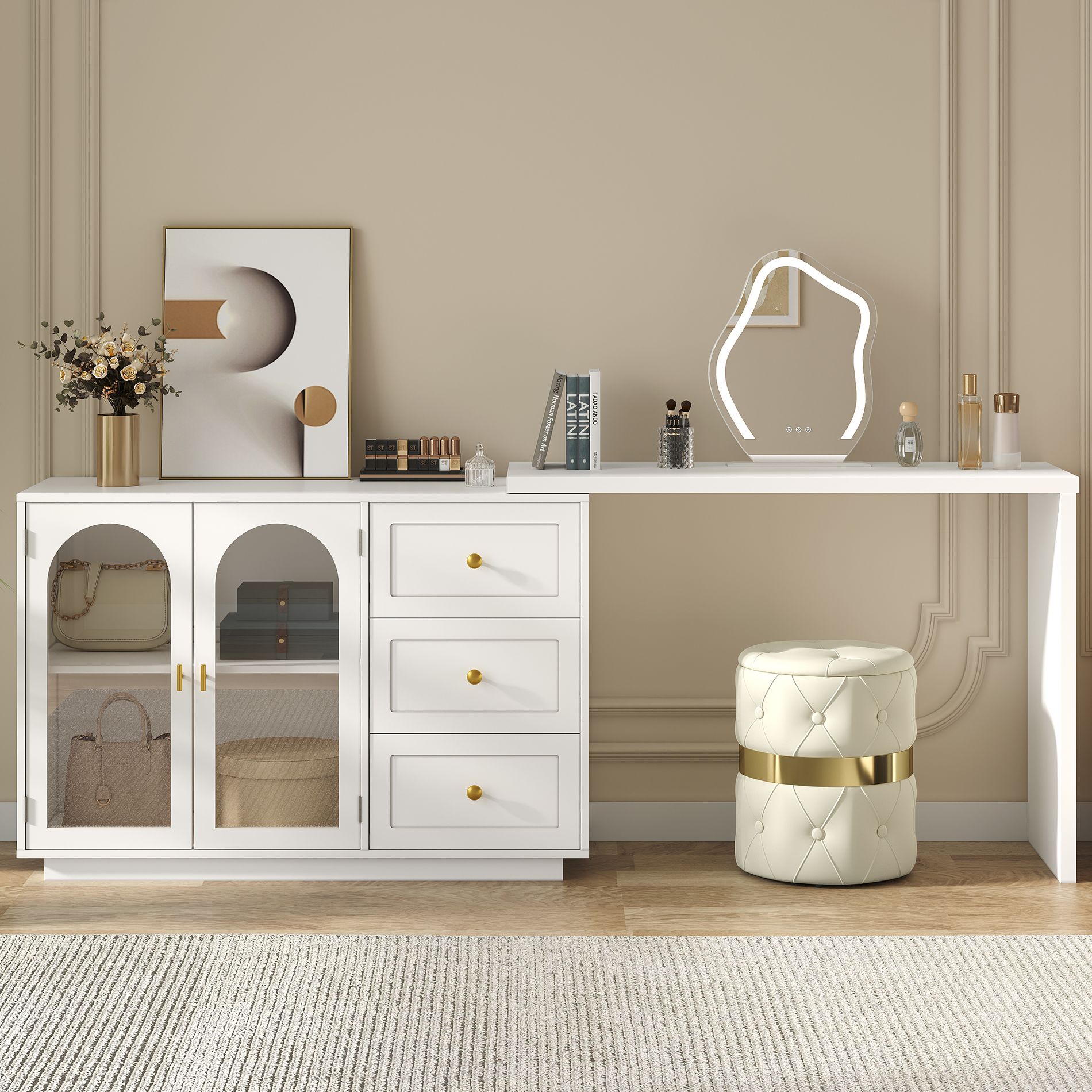Heynemo Makeup Vanity Desk, Extendable Corner Vanity Makeup Table with 3 Drawers & 2 Doors, Modern Dressing Table for Bedroom white Set of 1