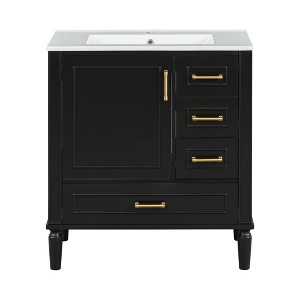 Vynxaria 30-Inch Black Traditional Bathroom Vanity - Ceramic Sink, 3 Drawers, Soft-Close Door, Gold Zinc Alloy Handles,for Small Bathrooms - 1 of 4