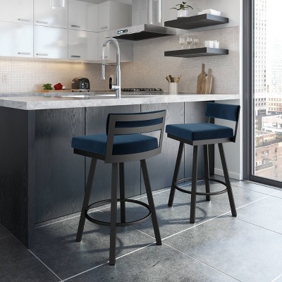 Travis 26" Dark Blue Velvet Swivel Counter Stool with Black Metal Frame