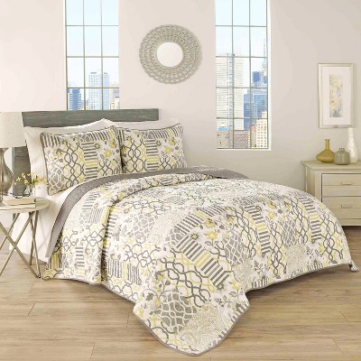 Gray and Yellow King Cotton Reversible Quilt Set