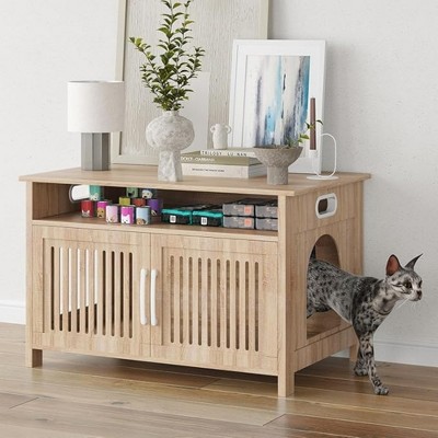 FURNIinspire Pet Crates and Houses, Modern Hidden Cat Box Cabinet with Storable Top, Entrances and Portable Handles, for Home, Brown,
