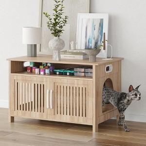 FURNIinspire Pet Crates and Houses, Modern Hidden Cat Box Cabinet with Storable Top, Entrances and Portable Handles, for Home, Brown, - 1 of 4