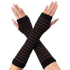 Allegra K Women's Stripe Print Knitted Fingerless Elbow Length Gloves Warmers One Size 1 Pair - 1 of 4