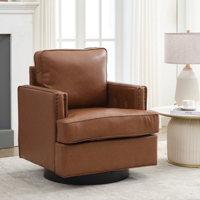 Hyleory Swivel Barrel Chair,31.9" W Modern Leather Accent Chairs Upholstered Comfy 360 Degree Swivel Club Sofa Chair for Nursery Living Room
