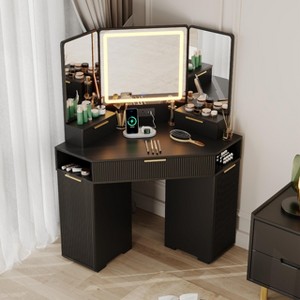 Corner Vanity, Corner Vanity Desk with Mirror and Lights, Fluted Makeup Table with Charging Station, Drawers, Storage Cabinets - 1 of 4
