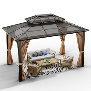 Hardtop Gazebo, 10'x12'/10'x13' Outdoor Polycarbonate Gazebo with Aluminum Frame, Permanent Pavilion and Curtains & Netting - 1 of 4