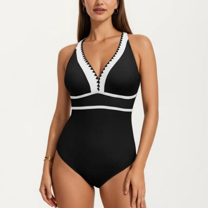 Anna-Kaci Swim Women's One Piece Swimsuit with Deep V Neck Contrast Trim and Sculpted Waist Design - Small, Black