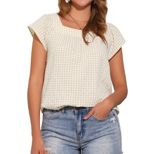 INSPIRE CHIC Women's Summer Square Neck Gingham Cap Sleeve Blouses - 1 of 4