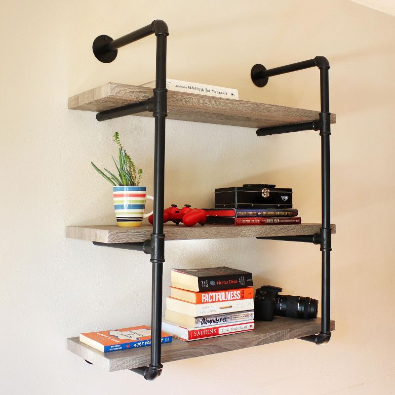 Sunnydaze 3 Shelf Industrial Style Pipe Frame Wall-Mounted Floating Shelf with Wood Veneer Shelves, 2 of 8