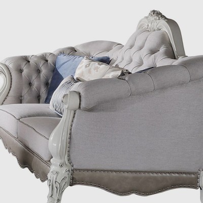 Bone White Faux Leather Tufted Sofa with Ottoman