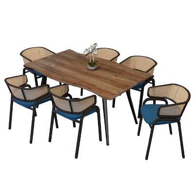 LeisureMod Ravenna 7-pc Dining Set, 63" Rectangular Table and 6 Ervilla Chairs