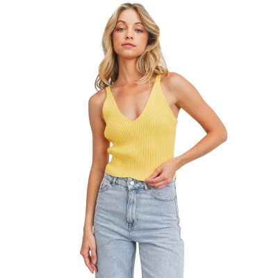 Slickblue Rib Knit Sleeveless V-Neck Top for Women in Yellow - Textured Knit Fabric, Comfortable Fit, Size S-L